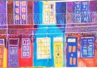 Vibrant street art of colorful townhouses with bold doors, windows, and decorative railings in red, blue, purple, and yellow, showcasing a lively cityscape